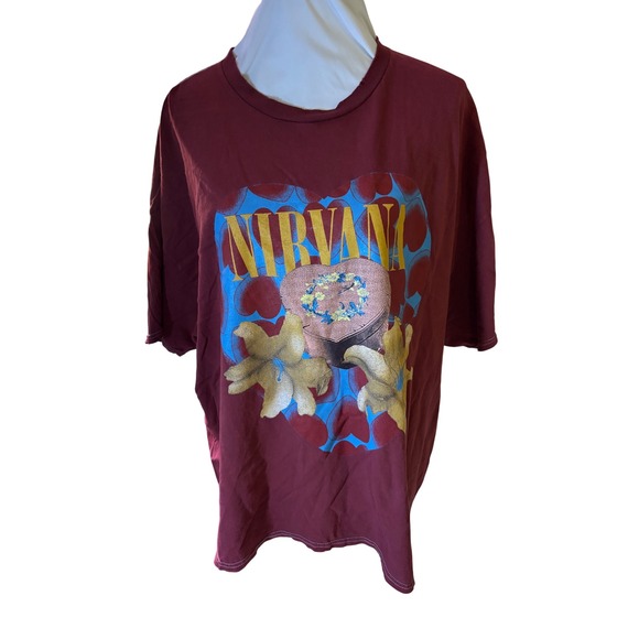 Nirvana T Shirt L/XL Maroon Graphic Band Tee Flowers Smiley Face Grunge - Picture 1 of 10